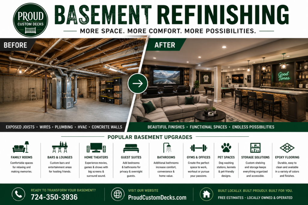 Call US Now! Before-and-after basement refinishing infographic by Proud Custom Decks showing an unfinished basement with exposed floor joists, plumbing, electrical wiring, HVAC ductwork, concrete foundation walls, and storage transformed into a luxury finished basement featuring a custom bar, home theater, family room, recessed lighting, premium flooring, guest suite potential, and modern entertainment space. The graphic highlights popular basement upgrades including family rooms, bars, home theaters, bathrooms, gyms, offices, pet washing stations, storage solutions, and epoxy flooring, with Proud Custom Decks branding, website, and contact information for homeowners looking to increase usable square footage and home value.