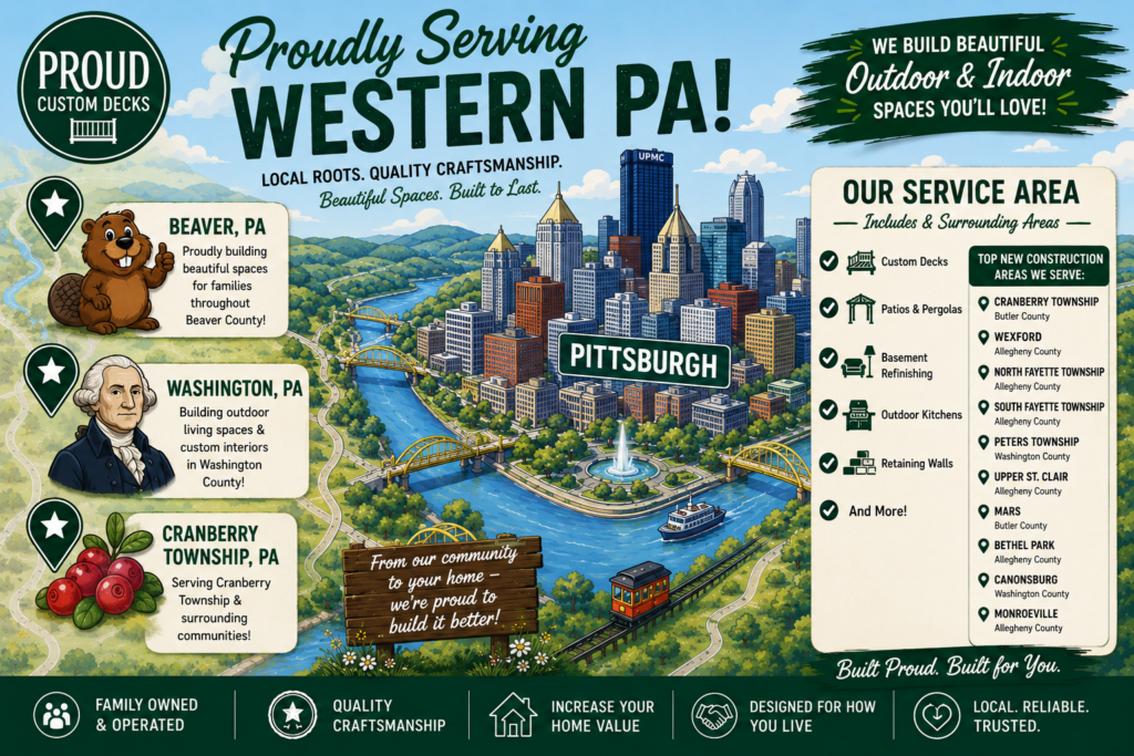 Illustrated Western Pennsylvania service area map by Proud Custom Decks featuring the Pittsburgh skyline, rivers, and iconic yellow bridges surrounded by Beaver County, Washington County, and Cranberry Township. The infographic includes a cartoon beaver representing Beaver, a cartoon George Washington representing Washington, and cranberries representing Cranberry Township. The image highlights Proud Custom Decks' service area across Pittsburgh, Cranberry Township, Mars, Wexford, South Fayette, North Fayette, Peters Township, Upper St. Clair, Canonsburg, Moon Township, Robinson Township, Beaver, Monaca, Ambridge, and surrounding communities for decks, patios, basement refinishing, retaining walls, pergolas, and outdoor living projects.